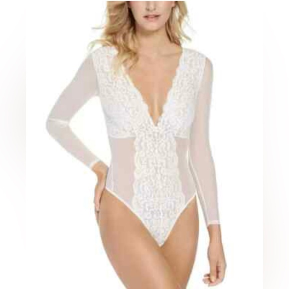 INC Women's Long-Sleeve Lace Mesh Thong Bodysuit, Washed White, Size Small S NEW - Picture 1 of 10